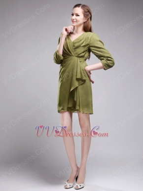 V-neck 3/4 Sleeves Olive Green Short Dress To Mother Of The Bride