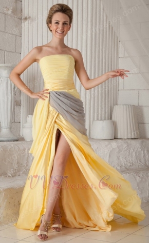 Cheap Strapless Yellow Amazing Prom Dresses With Front Split Skirt