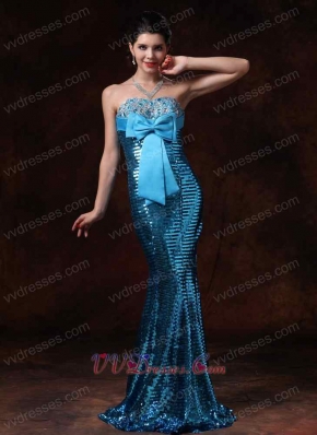 Mermaid Bowknot Decorate Prom Gowns Cover With Blue Paillette Sexy Lady Wear