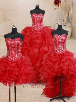 Four Pieces Red Ball Gown Detachable Short Skirt/High Low/Floor Length Ball Gown