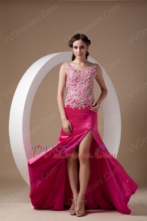 Fuchsia Appliqued Bodice Backless Prom Dress With Side Split