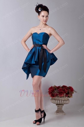 Affordable Peacock Blue Knee Length Short Prom Dress With Black Sash