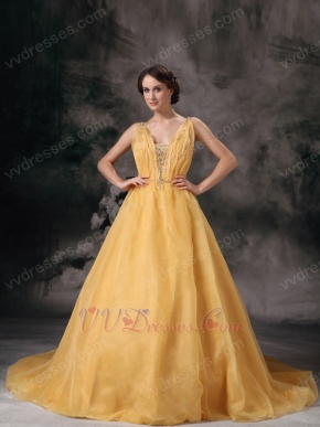 Modest V-neck Dark Yellow Organza Puffy Quinceanera Ball Gown