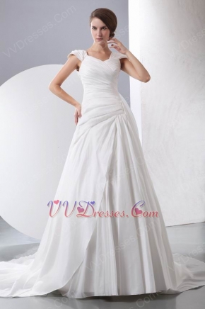 Beautiful V-neck Pleated Chapel Train Ivory Princess Wedding Dress