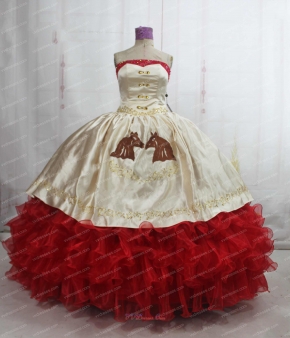 Western Style Quinceanera Ball Gown Horse Head Embroidery and Red Ruffles