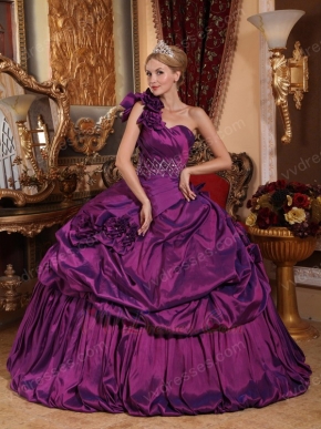 Handmade Flowers Purple One Shoulder Quinceanera Dress