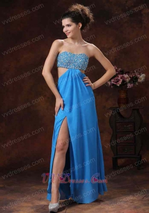 Azure Beaded Decorate Expose Waist Long Split Prom Dress Sexy