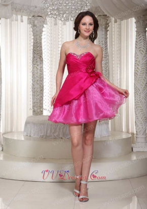 Hot Pink Organza Mini-length Prom Cocktail Dress With Beading