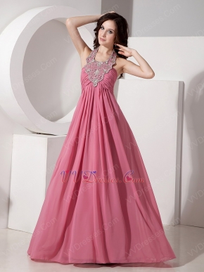 Coral Pink Prom Dress With Beaded Halter Floor Length Skirt