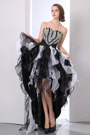 High Low Ruffled Skirt Black And White Organza Prom Dress With Beading