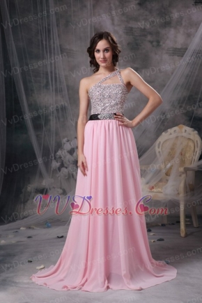 One Shoulder Baby Pink Chiffon Beaded Prom Party Dress Inexpensive