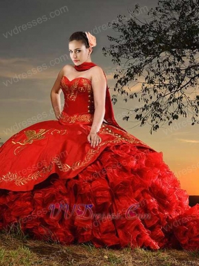 Western Gold Eagle Embroidery Court Train Red Organza Bottom Ruffles Quinceanera Gown