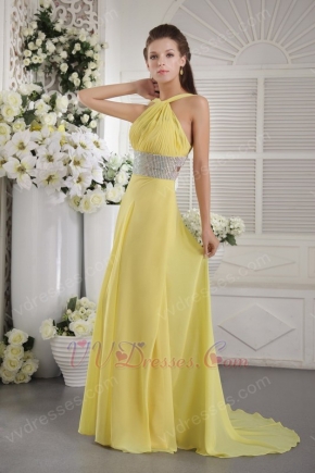 Halter Yellellow Chiffon Custom Fit Prom Dress With Crystal Belt