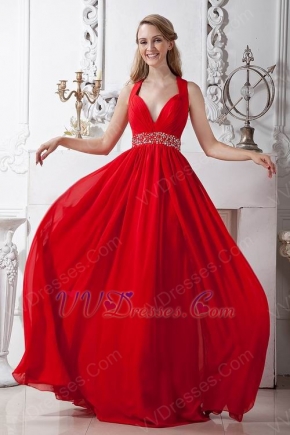 Fashion V-Neck Backless Floor Length Evening Dress In Red
