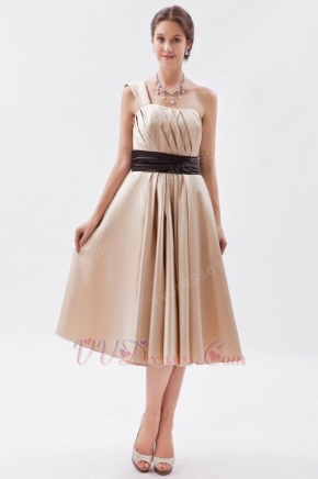 Modest One Shoulder Tea Length Short Prom Dress With Black Belt