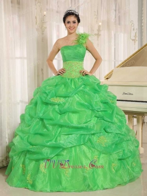 Grass Green Fully Bubble Quinceanera Dress Handmade Flowers Single Strap