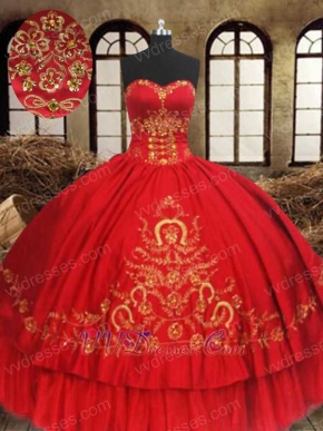 Latin America 15th Vestidos De Quinceanera Red Ball Gown With Gold Embroidery