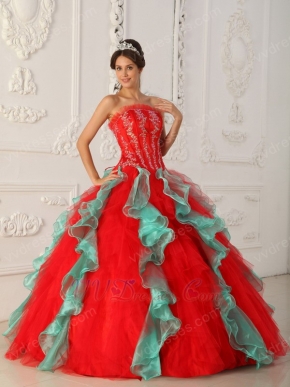Red and Green Ruffled Skirt Appliqued Bodice Quinceanera Dress For Sale
