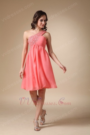 Watermelon Beaded Short Prom Dress With One Shoulder Skirt