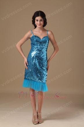 Spaghetti Straps Peacock Tea Length Sequin Cocktail Dress