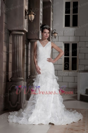 Sweet Column V-neck Oragnza Ruch and Ruffled Layers Bride Dress Low Price