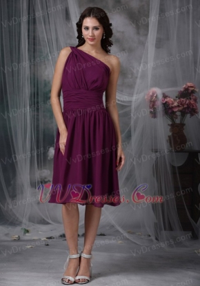 One Shoulder Knee-length Purple Chiffon Dress Bridesmaid lovely