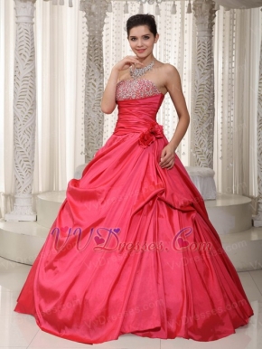 Coral Red Strapless A-line Long Puffy Dress For Prom Wear Inexpensive