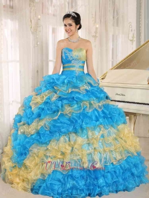 Stylish Puffy Cakes Skirt Sky Blue Quinceanera Ball Gown With Gold