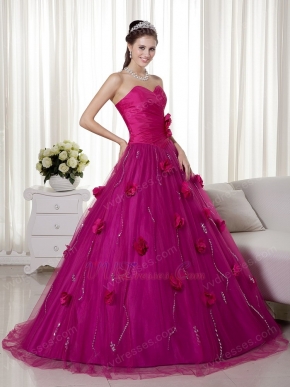 Fuchsia A-line Trimed Puffy Prom Gowns With Hand Made Flowers