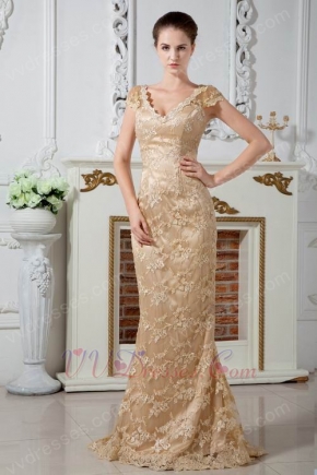 Sexy Cap Sleeves Champagne Lace Evening Dress 2012 Discount