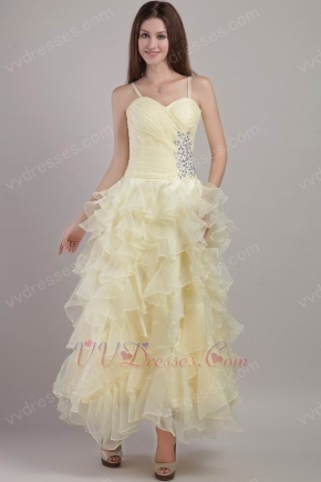 Prom Dress Side Beaded Light Yellow Ruffles Organza Skirt