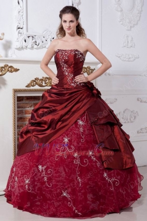 Burgundy Taffeta Prom Ball Gown With Embroidery Emberllishments
