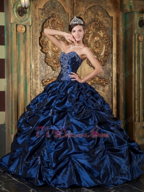 Sweetheart Picks-up Design Navy Blue Puffy Quinceanera Gown