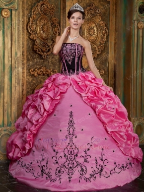 Strapless Hot Pink Quinceanera Dress With Black Embroidery