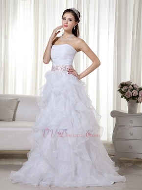 White Stapless Ruffled Skirt White Organza Prom Dress With Beads