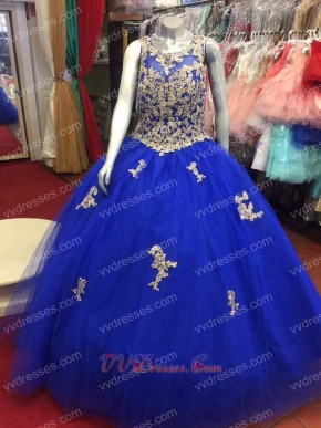 Royalty Blue Quinceanera Ball Gown With Sparkle Appliques and AB Crystal