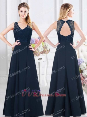 Modest Navy Blue Chiffon Bridal Party Dress Lace Neckline