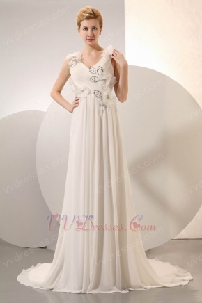 Modest V-Neck Flowers Sequin Ruched Wedding Party Dress