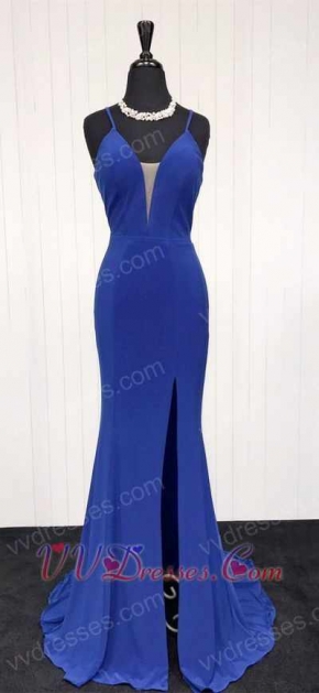 Spaghetti Straps Empire Sexy Split Pub Dress in Royal Blue Spandex