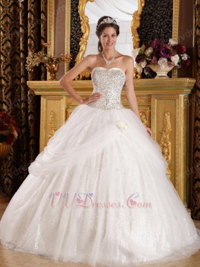 Fit and Flare Sweetheart Sequined Skirt Floor Length White Quinceanera Dress