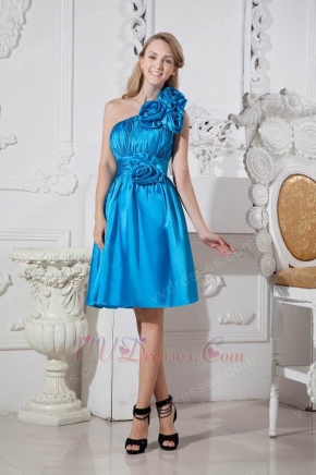 Discount One Shoulder Flowers Azure Blue Short Prom Dress