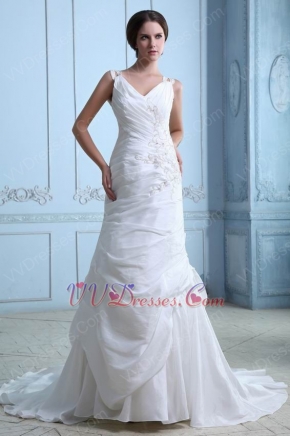Cheap V-Neck Embroidery Beading Chapel Ivory Taffeta Bridal Dress