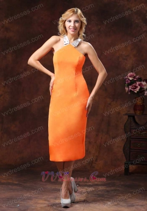 Orange Satin Tea-length Mother Of The Bride Dress Halter Cross Back