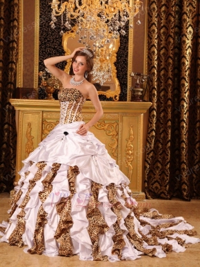 White And Leopard Printed Ruffle Skirt La Quinceanera Dress