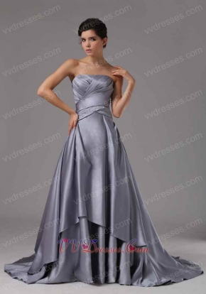 Strapless Silver Satin A-Line Cascade Prom Dresses Corset Back