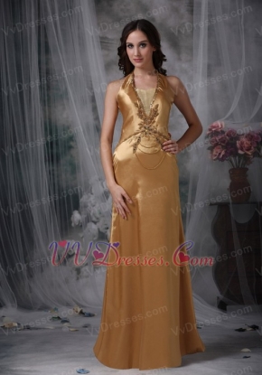 Halter Top Floor-length Prom Party Dress Golden Color Inexpensive