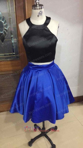Knee Length Two Pieces Black Top/Royal Blue Skirt Show Waist Short Prom Dress