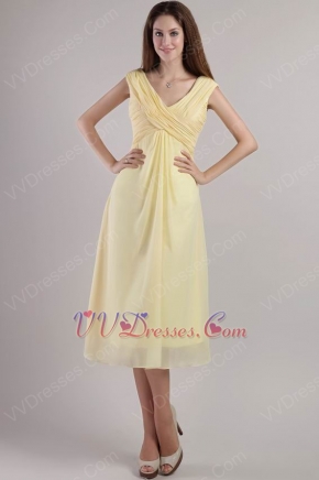 V Neckline Tea-length Yellow Chiffon Short Dress For Prom Party