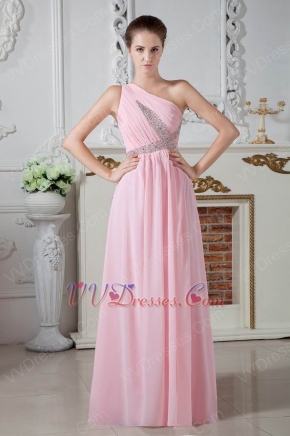 One Shoulder Beading Decorate Pink Chiffon Evening Prom Dress