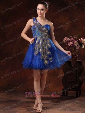 Unique Peafowl Applique Royal Blue Cocktail Mini-length Dress Puffy